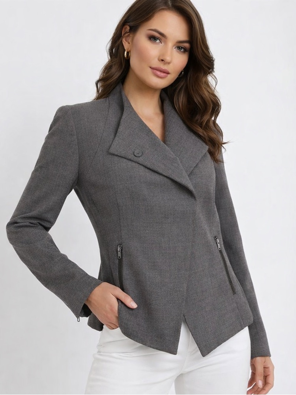 Ann Taylor Gray Asymmetrical Snap Front Blazer Zip Pocket Tailored Jacket 10
